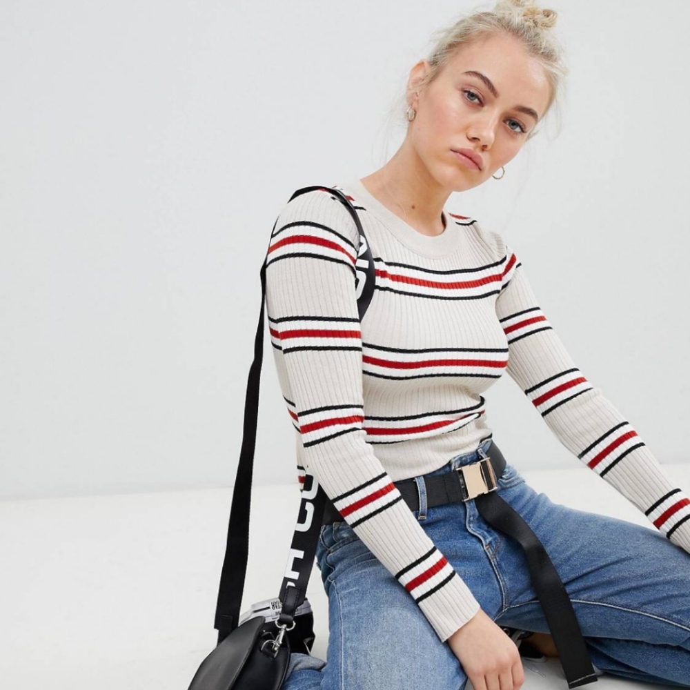 *NWOT* Asos Design Petite Cropped Sweater in Neutral Stripe - Picture 5 of 9